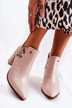 Damskie Laura Messi Skórzane Botki Na Obcasie 2506 Beżowe