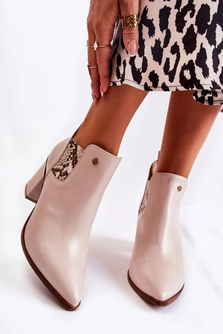 Damskie Laura Messi Skórzane Botki Na Obcasie 2506 Beżowe