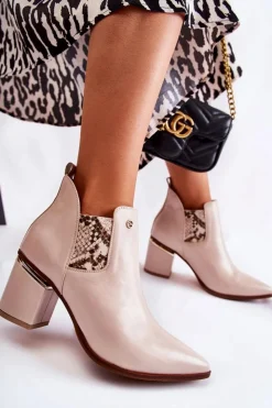 Damskie Laura Messi Skórzane Botki Na Obcasie 2506 Beżowe