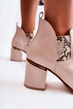 Damskie Laura Messi Skórzane Botki Na Obcasie 2506 Beżowe