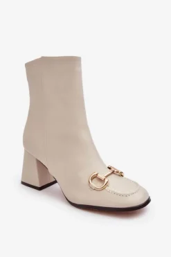 Damskie Boto Skórzane Botki Na Obcasie Z Ozdobą Beżowe Pamelinta
