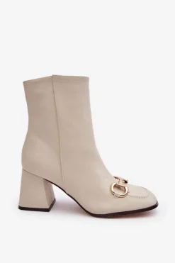 Damskie Boto Skórzane Botki Na Obcasie Z Ozdobą Beżowe Pamelinta
