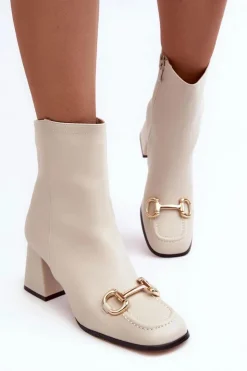 Damskie Boto Skórzane Botki Na Obcasie Z Ozdobą Beżowe Pamelinta