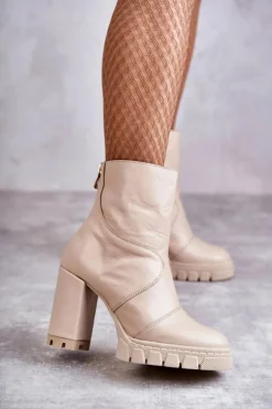Damskie Boto Skórzane Botki Na Obcasie Beżowe Elia