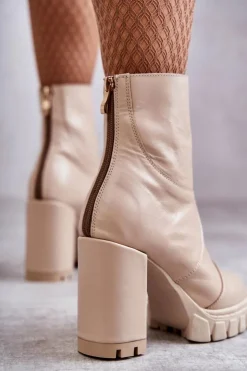 Damskie Boto Skórzane Botki Na Obcasie Beżowe Elia