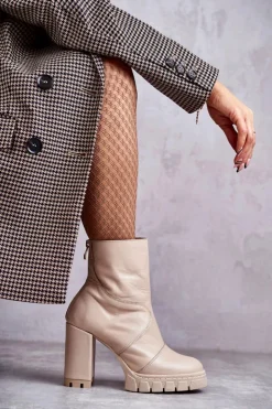 Damskie Boto Skórzane Botki Na Obcasie Beżowe Elia