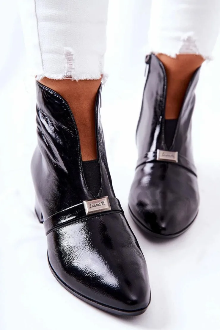 Damskie Laura Messi Skórzane Botki Na Obcasie Czarne 2268