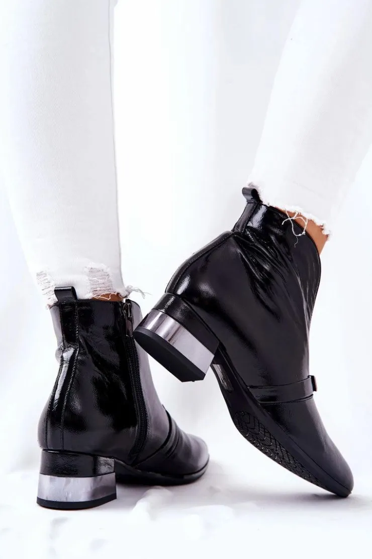 Damskie Laura Messi Skórzane Botki Na Obcasie Czarne 2268