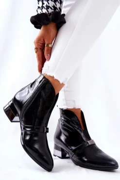 Damskie Laura Messi Skórzane Botki Na Obcasie Czarne 2268