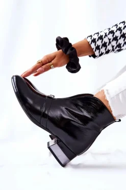 Damskie Laura Messi Skórzane Botki Na Obcasie Czarne 2268