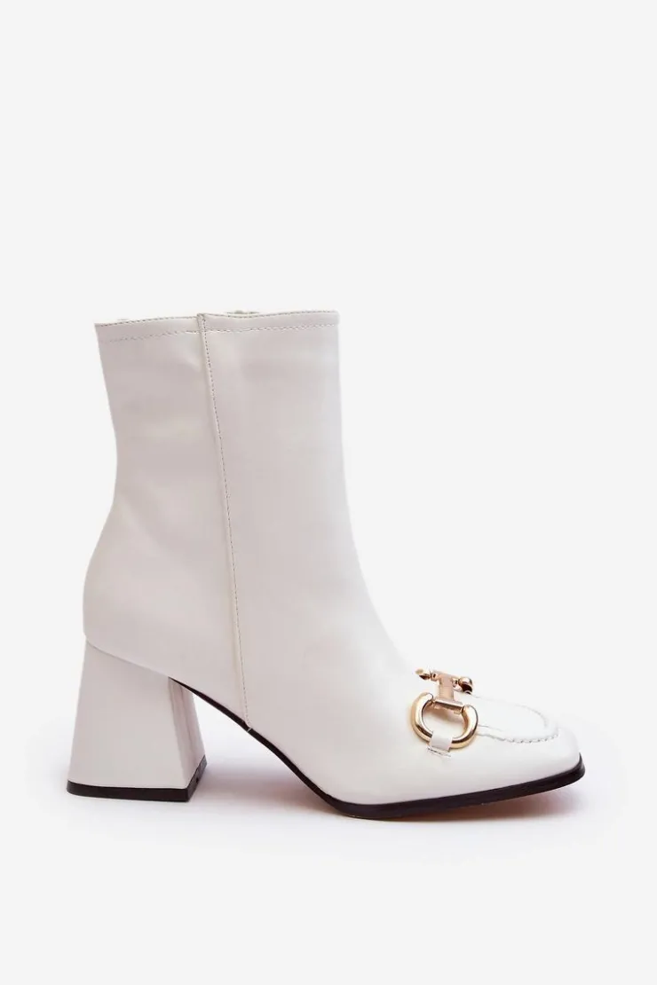 Outlet Boto Skórzane Botki Na Obcasie Z Ozdobą Białe Pamelinta