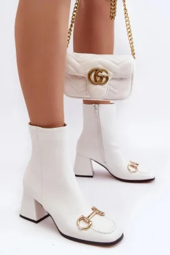 Outlet Boto Skórzane Botki Na Obcasie Z Ozdobą Białe Pamelinta