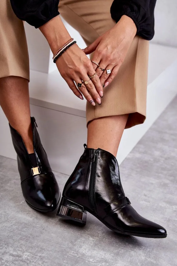 Online Laura Messi Skórzane Botki Na Płaskim Obcasie 2268 Czarne