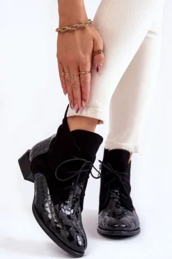 Damskie Maciejka Skórzane Botki Na Płaskim Obcasie 2878J-01 Czarne