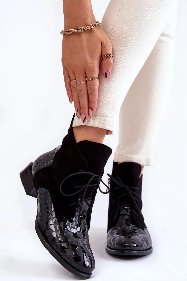 Damskie Maciejka Skórzane Botki Na Płaskim Obcasie 2878J-01 Czarne