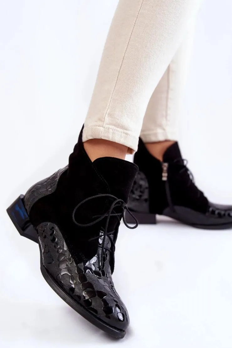 Damskie Maciejka Skórzane Botki Na Płaskim Obcasie 2878J-01 Czarne