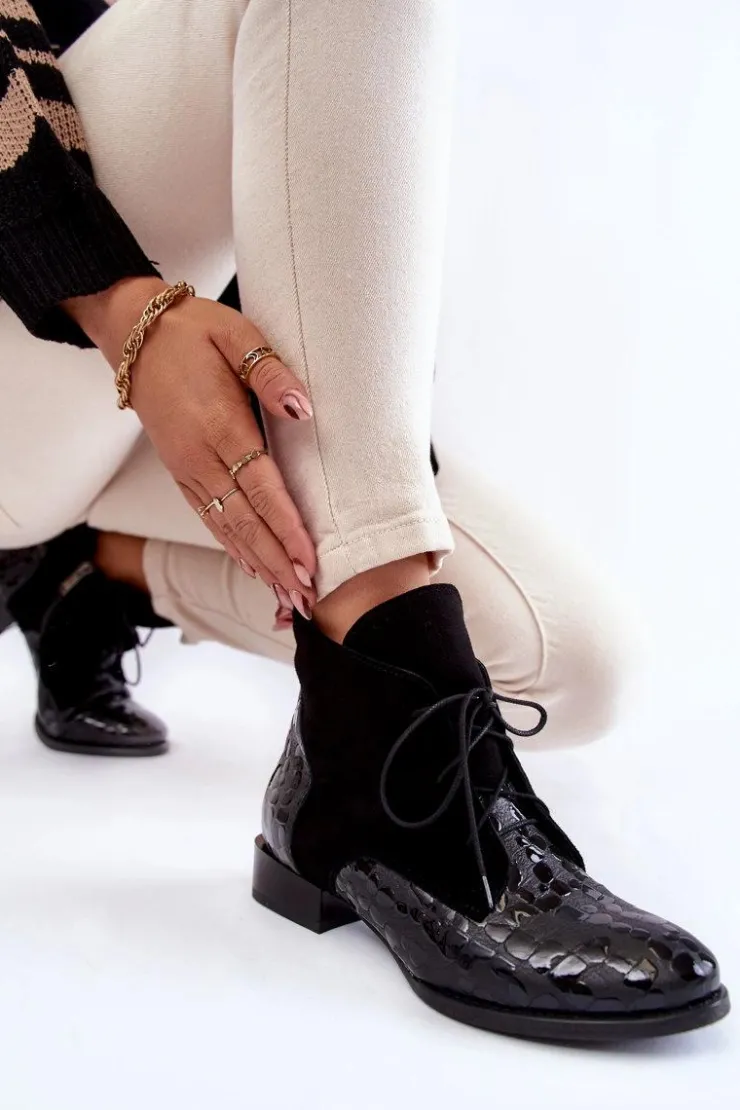 Damskie Maciejka Skórzane Botki Na Płaskim Obcasie 2878J-01 Czarne