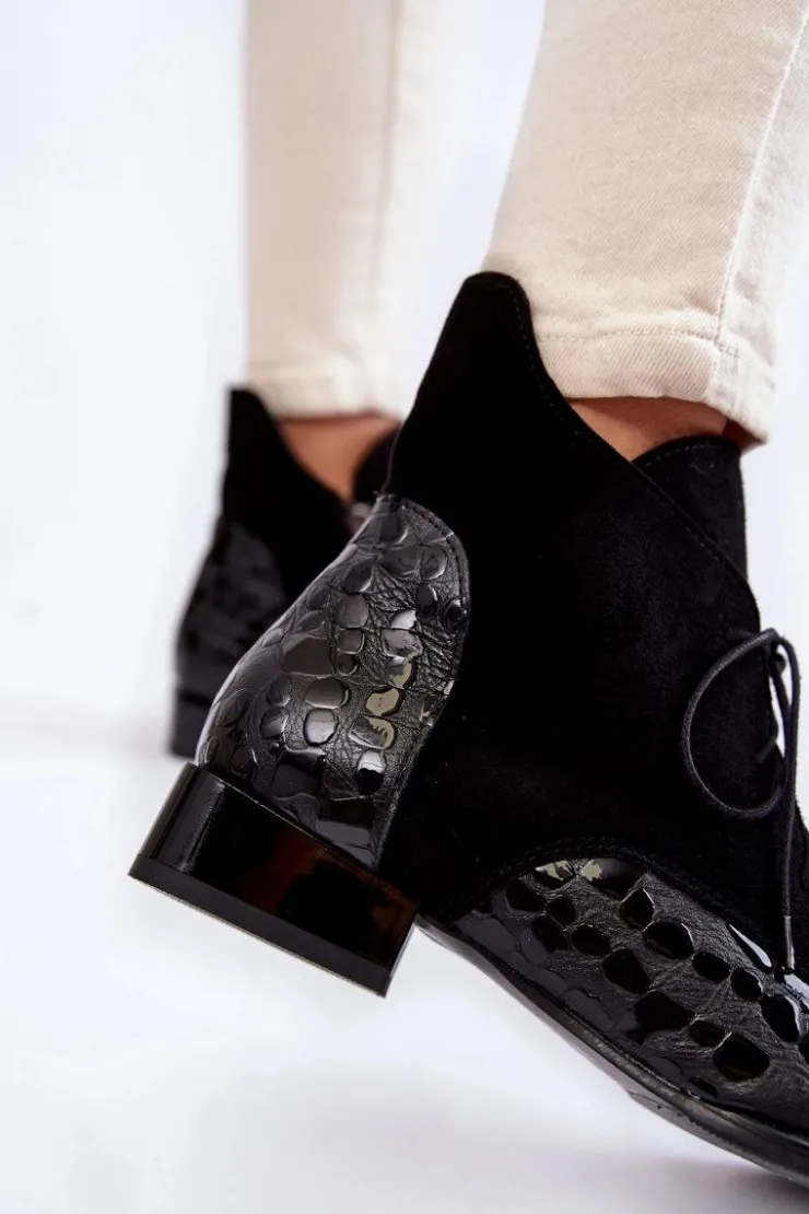 Damskie Maciejka Skórzane Botki Na Płaskim Obcasie 2878J-01 Czarne