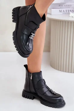 New Evento Skórzane Botki Na Płaskim Obcasie Z Ozdobą Ocieplane Czarne Asperra