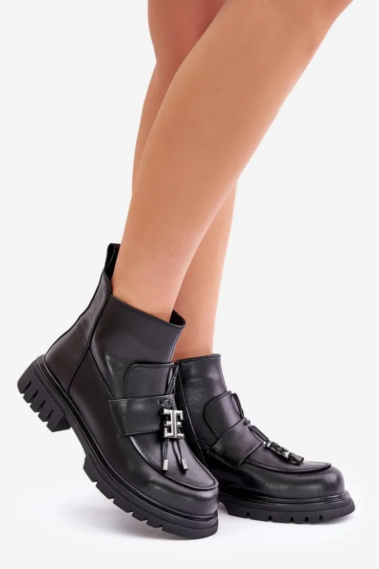 New Evento Skórzane Botki Na Płaskim Obcasie Z Ozdobą Ocieplane Czarne Asperra