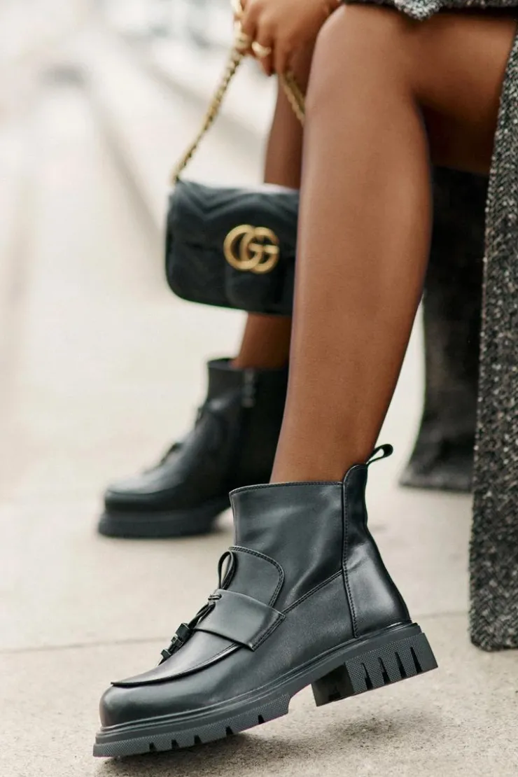 New Evento Skórzane Botki Na Płaskim Obcasie Z Ozdobą Ocieplane Czarne Asperra