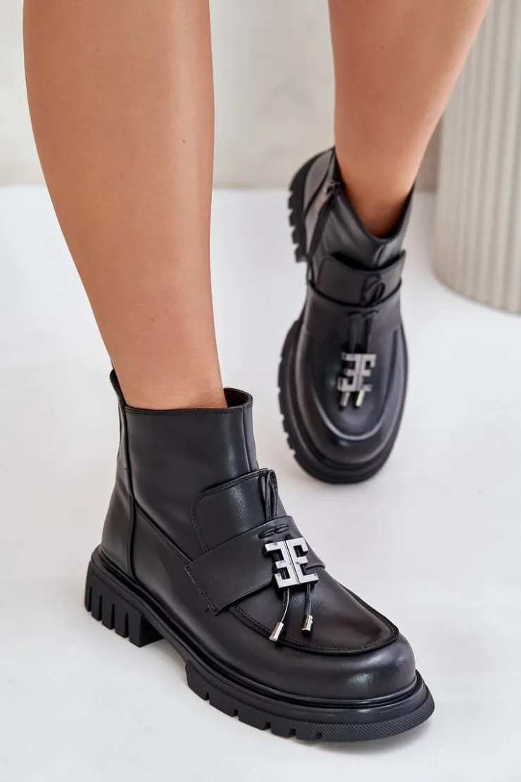 New Evento Skórzane Botki Na Płaskim Obcasie Z Ozdobą Ocieplane Czarne Asperra