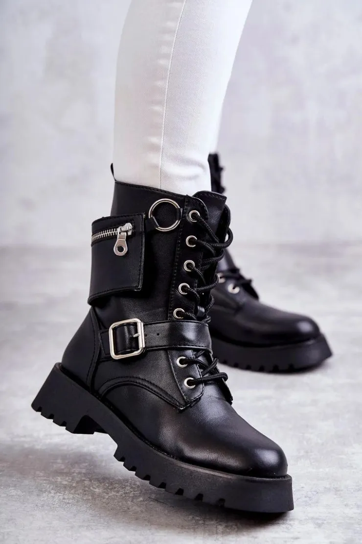 Hot Boto Skórzane Botki Na Płaskim Obcasie Czarne Marlis