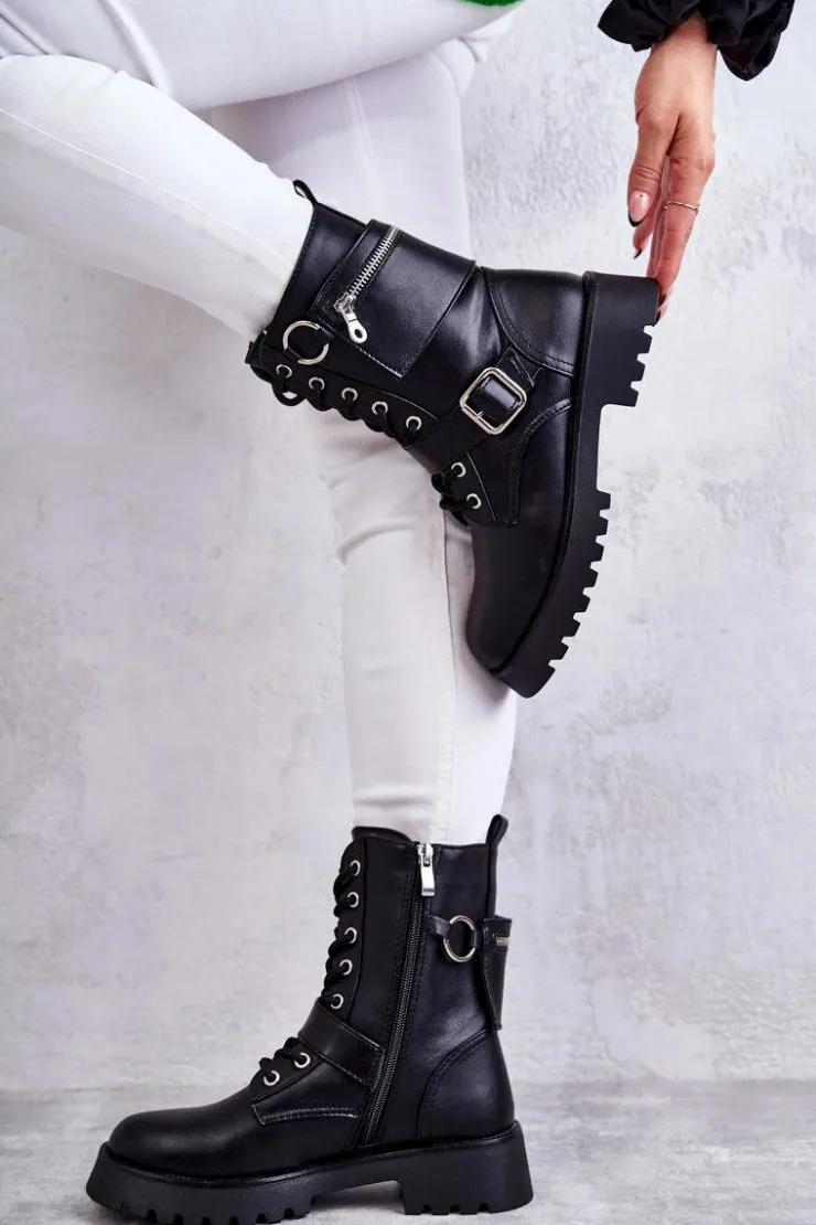 Hot Boto Skórzane Botki Na Płaskim Obcasie Czarne Marlis