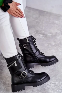 Hot Boto Skórzane Botki Na Płaskim Obcasie Czarne Marlis