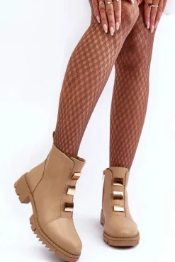 Damskie Boto Skórzane Botki Na Płaskim Obcasie Beżowe Azulenn