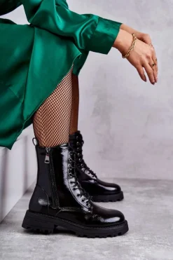 Boto Skórzane Botki Na Płaskim Obcasie Czarne Estela