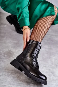 Boto Skórzane Botki Na Płaskim Obcasie Czarne Estela