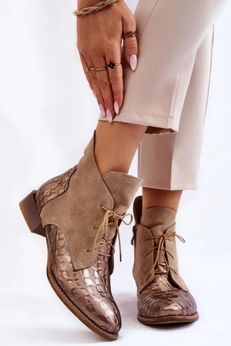 Maciejka Botki Maciejka|Botki Sznurowane*Skórzane Botki Na Płaskim Obcasie 2878J-04 Beżowe