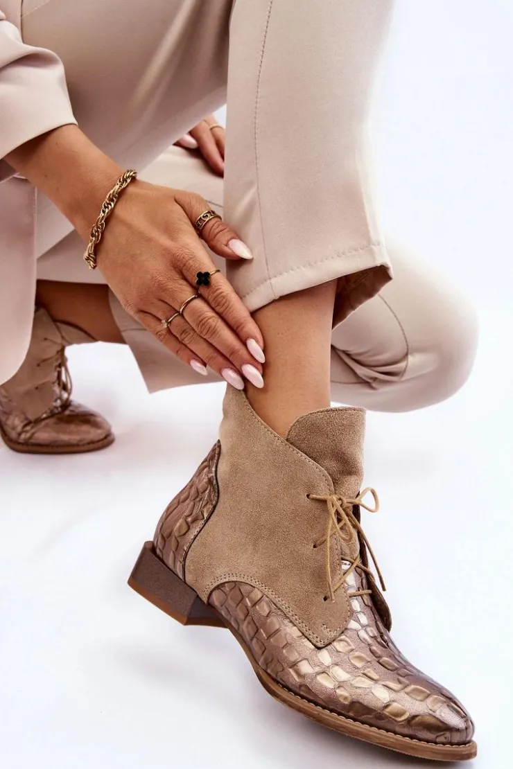 Maciejka Botki Maciejka|Botki Sznurowane*Skórzane Botki Na Płaskim Obcasie 2878J-04 Beżowe