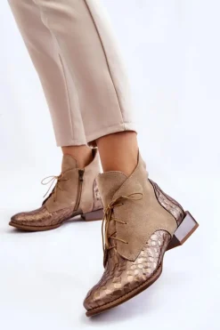 Maciejka Botki Maciejka|Botki Sznurowane*Skórzane Botki Na Płaskim Obcasie 2878J-04 Beżowe