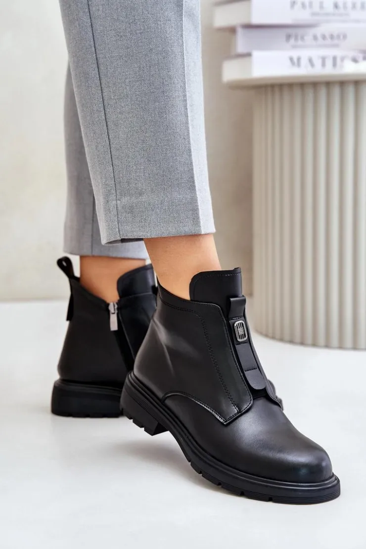 Evento Botki Ocieplane|Czarne Botki*Skórzane Botki Na Płaskim Obcasie Ocieplane Czarne Komisa