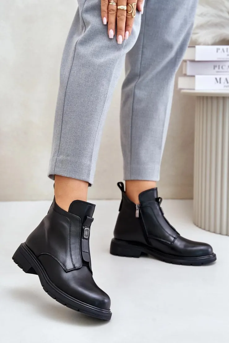 Evento Botki Ocieplane|Czarne Botki*Skórzane Botki Na Płaskim Obcasie Ocieplane Czarne Komisa