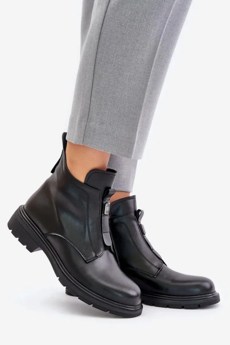 Evento Botki Ocieplane|Czarne Botki*Skórzane Botki Na Płaskim Obcasie Ocieplane Czarne Komisa