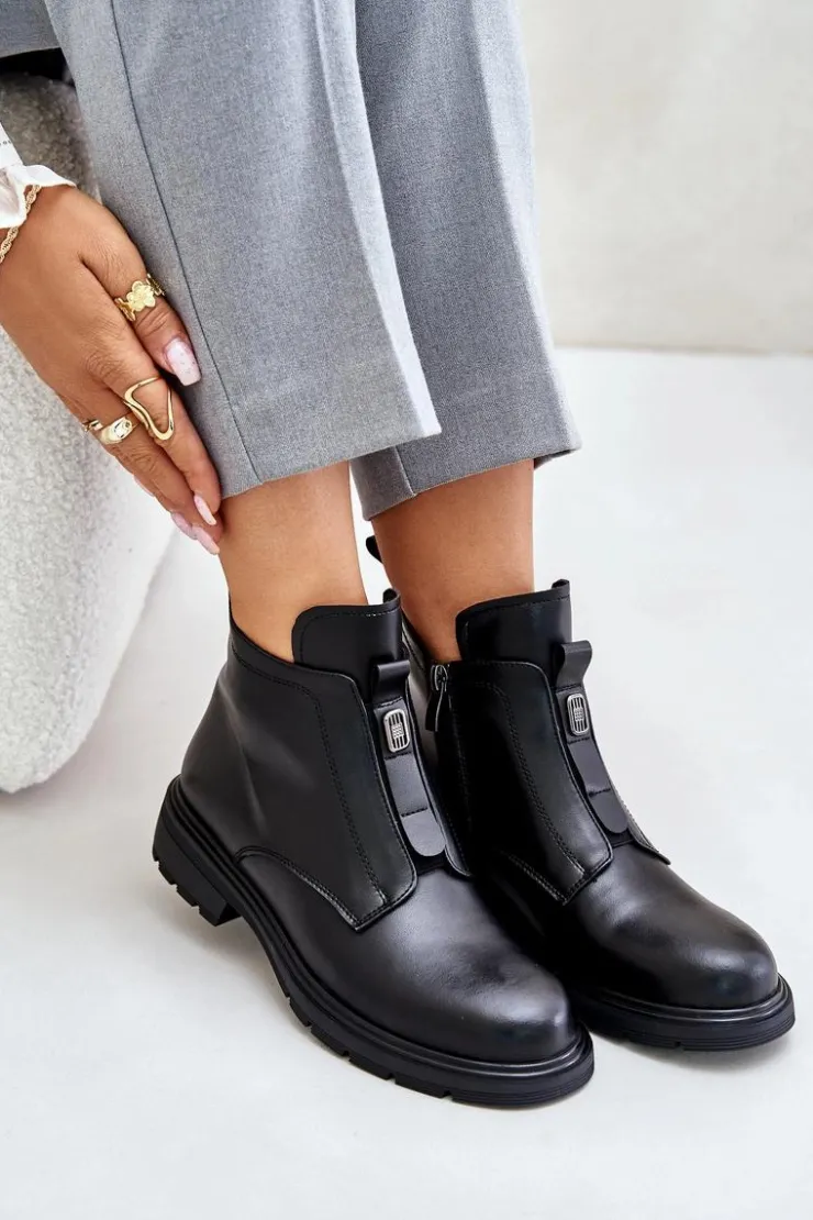 Evento Botki Ocieplane|Czarne Botki*Skórzane Botki Na Płaskim Obcasie Ocieplane Czarne Komisa