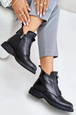 Evento Botki Ocieplane|Czarne Botki*Skórzane Botki Na Płaskim Obcasie Ocieplane Czarne Komisa