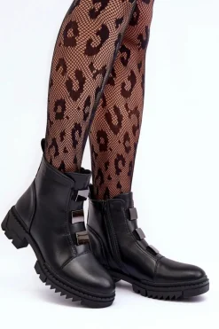 Damskie Boto Skórzane Botki Na Płaskim Obcasie Czarne Azulenn