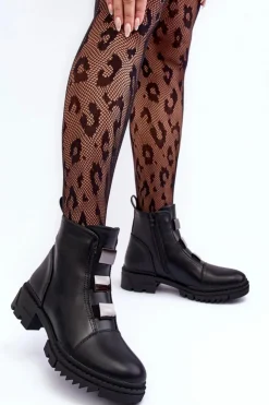 Damskie Boto Skórzane Botki Na Płaskim Obcasie Czarne Azulenn