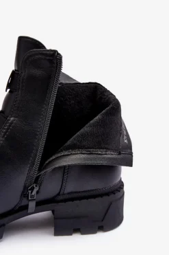 Damskie Boto Skórzane Botki Na Płaskim Obcasie Czarne Azulenn