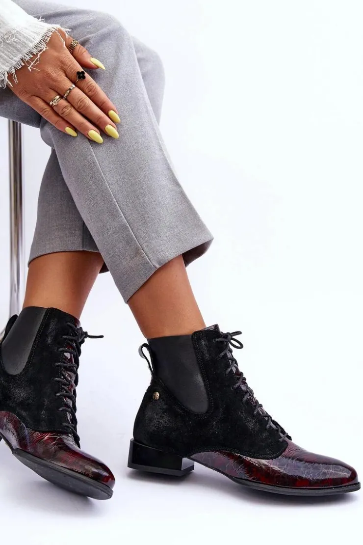 Maciejka Botki Maciejka|Botki Skórzane*Skórzane Botki Na Płaskim Obcasie 06200-08 Czarne