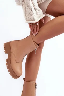 Boto Botki Ocieplane|Brązowe I Beżowe Botki*Skórzane Botki Na Płaskim Obcasie Z Suwakiem Camel Vimal Brązowy