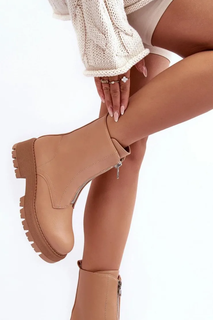 Boto Botki Ocieplane|Brązowe I Beżowe Botki*Skórzane Botki Na Płaskim Obcasie Z Suwakiem Camel Vimal Brązowy