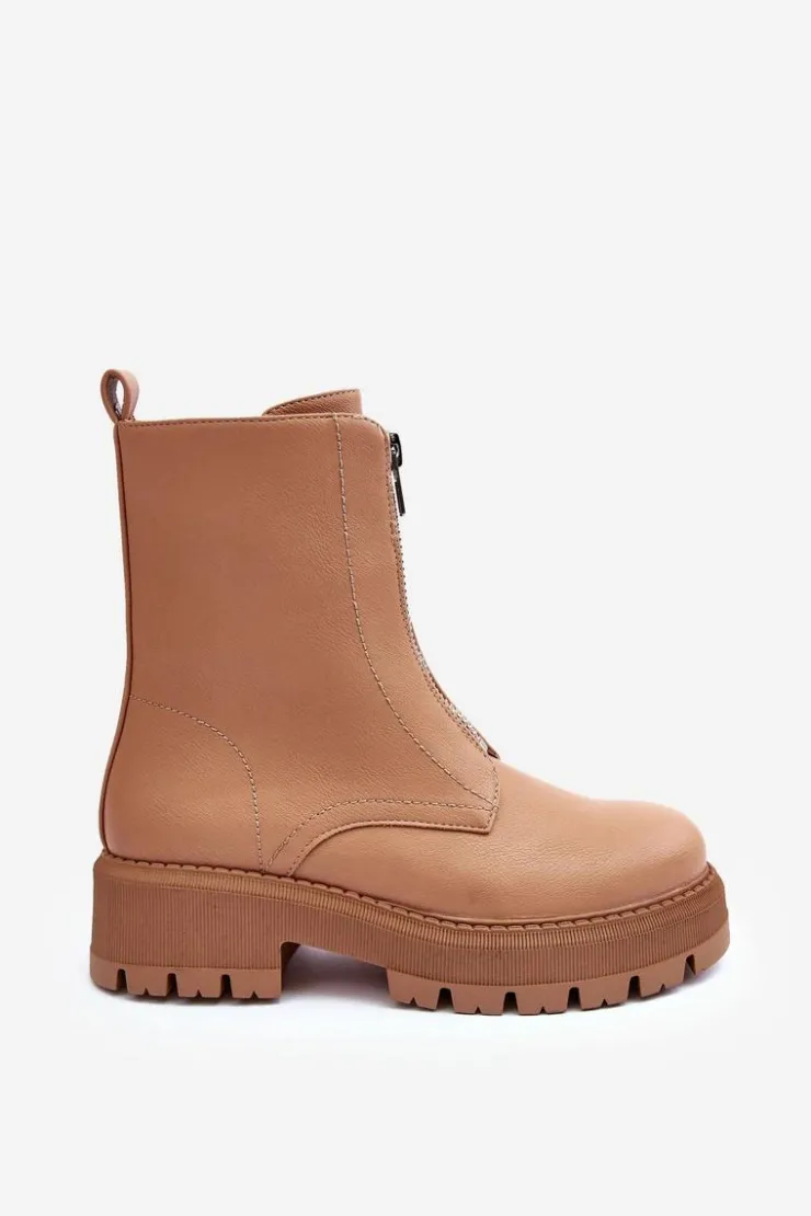 Boto Botki Ocieplane|Brązowe I Beżowe Botki*Skórzane Botki Na Płaskim Obcasie Z Suwakiem Camel Vimal Brązowy