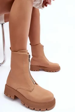 Boto Botki Ocieplane|Brązowe I Beżowe Botki*Skórzane Botki Na Płaskim Obcasie Z Suwakiem Camel Vimal Brązowy