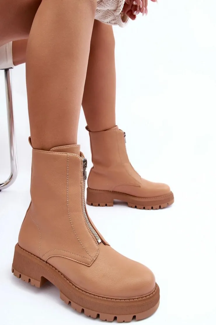 Boto Botki Ocieplane|Brązowe I Beżowe Botki*Skórzane Botki Na Płaskim Obcasie Z Suwakiem Camel Vimal Brązowy