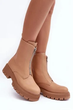 Boto Botki Ocieplane|Brązowe I Beżowe Botki*Skórzane Botki Na Płaskim Obcasie Z Suwakiem Camel Vimal Brązowy